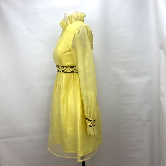 Vintage 60s Lorrie Deb Dress Small Yellow Chiffon Ruffles Embroider Daisy Trim - Picture 7 of 11